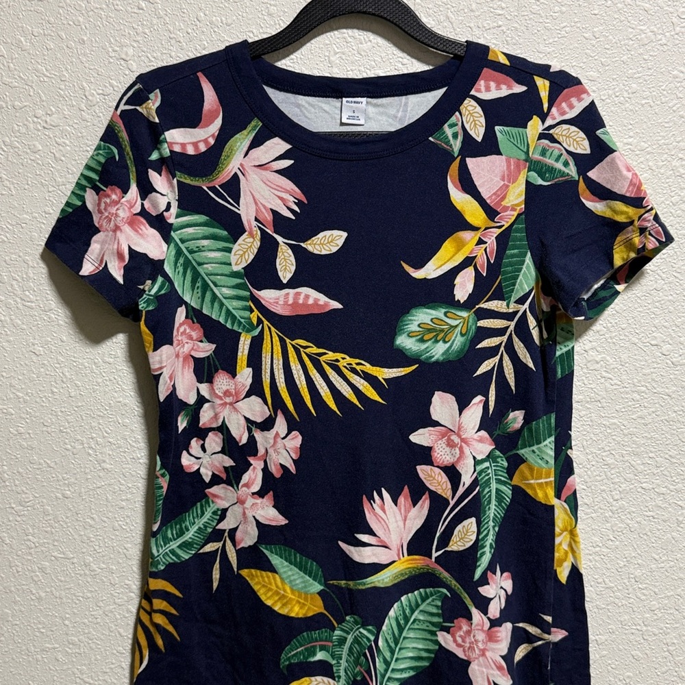Old Navy Womens Navy Blue Tropical Floral Cotton Modal T-Shirt Dress Knit Small - Picture 5 of 7